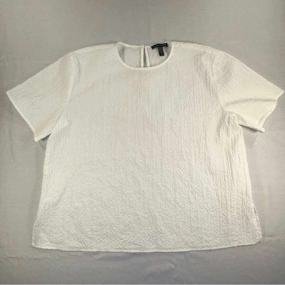 Eileen Fisher White Seersucker Textured Boxy Tee Sz Small Petite Clean Lagenlook - Picture 2 of 13